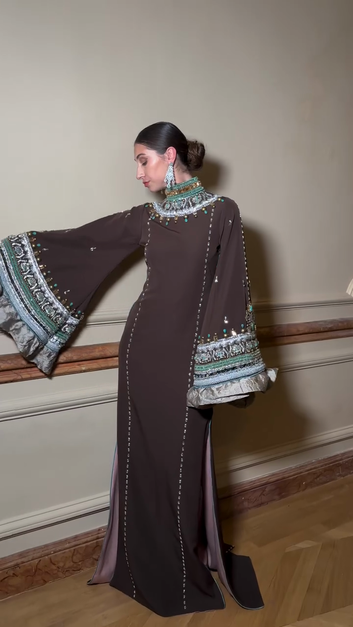 Brown Embellished Maxi Dress